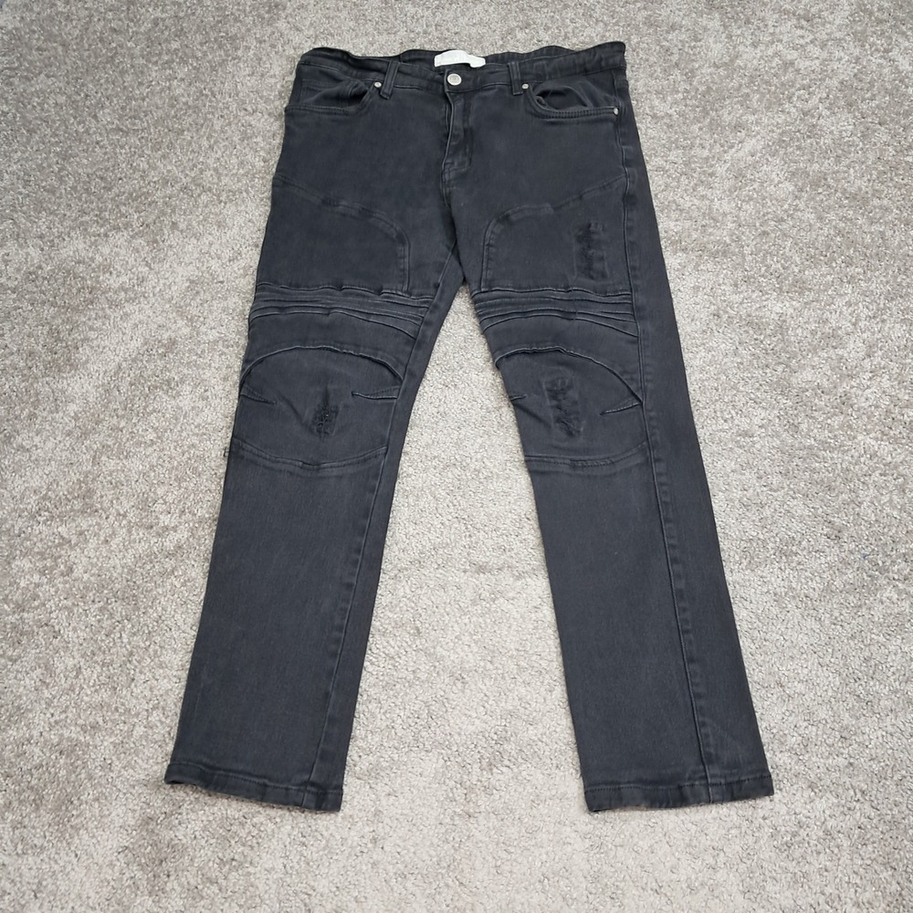 Refinery Republic Mens Moto Biker Jeans Black Distressed Ribbed 34x30 Slim Fit